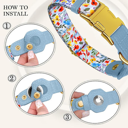 AirTag Dog Collar for Small Medium Large Breed - Adjustable Cute Pattern Dog Collar with Airtag Holder - Soft Leather Tracker GPS Apple Air Tag Pet Collars (X-Large, 20"-25" Neck Fit, Floral)