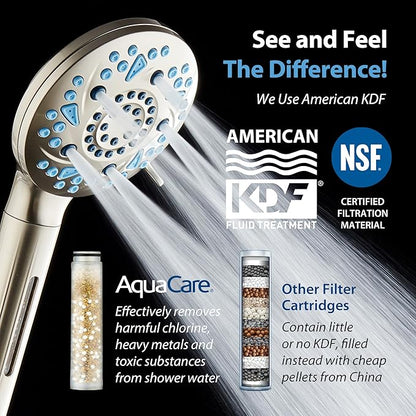 AquaCare High Pressure 10 Spray Mode Filtered Showerhead - Handheld Shower Head Filters Chlorine to Heal Dry Skin, Revive Hair - Dual Power Wash Cleans Tub, Tile, Pets - Hard Water Softener, Nickel
