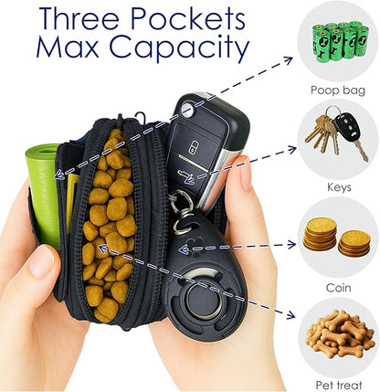 Dog Treat Pouch for Pet Walking and Training with Clicker, Poop Bags and Three Bags Design Small Fanny Zipper Pack Holder for Puppy Snack Dispenser Kit for Leash and Outdoor Use (Blue)