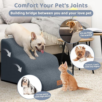 Dog Ramp and Stair for Bed 16" H-20 H,3-Step Cat Stair for Sofa and Chair,4-Step Dog Ramp for High Bed and Window,Durable Nonslip Fabric Cover for Indoor (Dark Grey-16 H, Pet Friendly, 3)