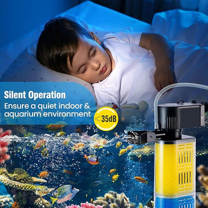 Aquarium Filter for 30-100 Gallons, Ultra-Quiet Fish Tank Filters Biochemical Filtration 400GPH Powerful Pump Submersible Sponge Filter for Large Fish & Turtle Tanks Water Clear Air Supply (18W)