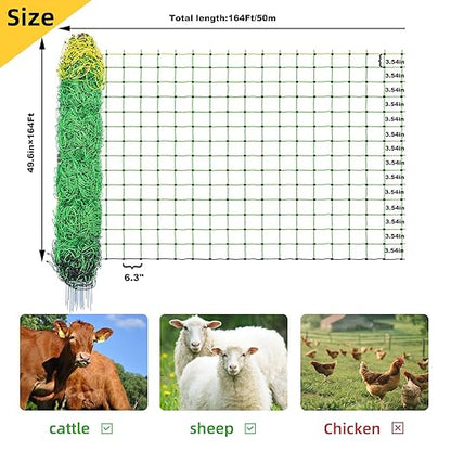 Electric Fence Netting,164'Lx49.6"H, Electric Livestock Netting with 14 Double Barbed Poles, Suitable for Pigs, Cows, Sheep and Other Large Animals, Portable Electric Fence for Farms, Ranches