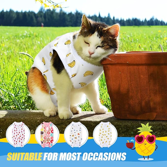 4 Pieces Cat Recovery Suits Body Wraps Breathable Kittens Recovery Clothes for Cats Small Dogs Abdominal Weaning(Banana, Football, Strawberry, Donut,M)
