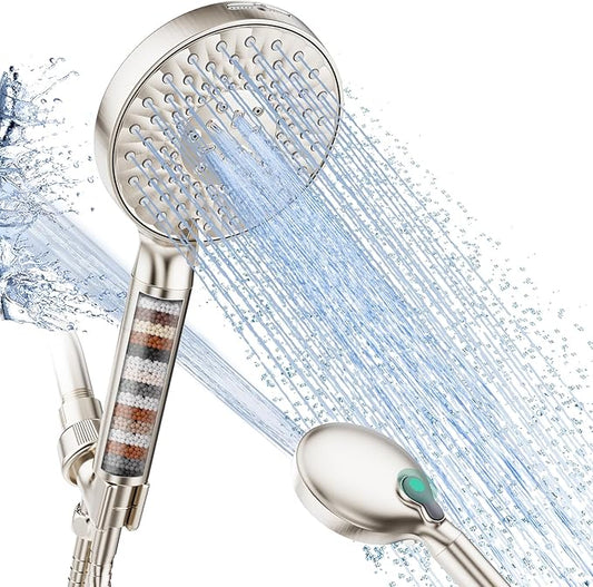 Filtered Shower Head with Handheld, High Pressure 9 Spray Mode Brushed Nickel Showerhead with Filters, detachable shower head,Water Softener Filters Beads for Hard Water - Remove Chlorine
