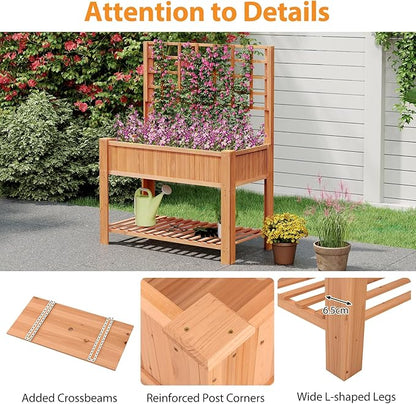 Giantex Raised Garden Bed with Trellis, Wooden Elevated Planter Box with Legs, Drainage Holes for Climbing Plants Vines Vegetables Flowers Herbs, Outdoor Horticulture Planter for Patio Yard (Brown)