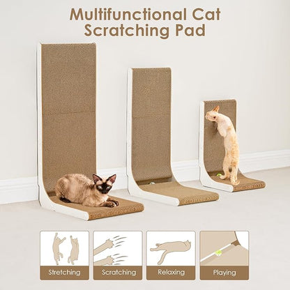 EHEYCIGA Cardboard Cat Scratcher for Indoor Cats, 26.8 Inch L Shaped Vertical Cat Scratching Board with Ball Cat Toy, Large Cat Scratcher Pad, White