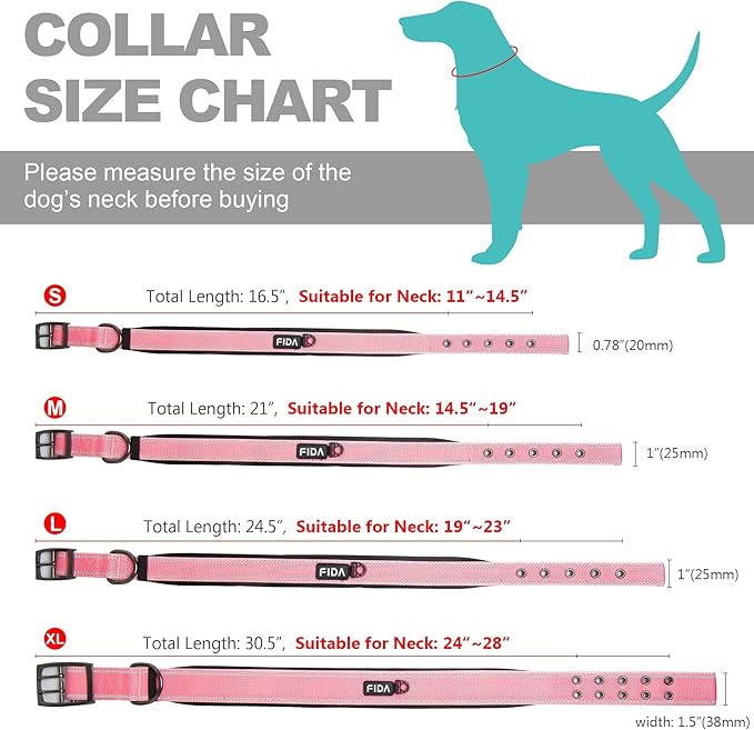 Fida Heavy Duty Dog Collar 1.5” Width, Ultra Soft Neoprene Padded, Adjustable Reflective Nylon Pet Collar with Two Metal Pin Belt Buckle for Large/X-Large Breeds (XL, Pink)