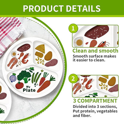 10" 3-Grid Cute Cartoon Portion Control Plate - Melamine, Healthy Nutrition for Weight Loss & Diabetes Management, Ideal for Adults & Teens Kids (4 Pack)