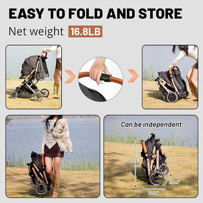 EchoSmile Small Medium Dogs Stroller 4-Wheel Pet Strollers for Medium Dogs Up to 50lbs, One Click Folding Large Cat Stroller, Reversible Handle, Shock Absorbing Wheels, Removable Washable Pad