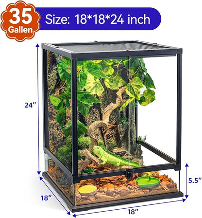 360° Clear View 35 Gallon 24x18x18 Glass Reptile Terrarium Suitable for Bearded Dragon, Chameleon, Crested Gecko, Multi-Pet Enclosure with Front Door, Excellent Ventilation, Hidden Wiring Holes