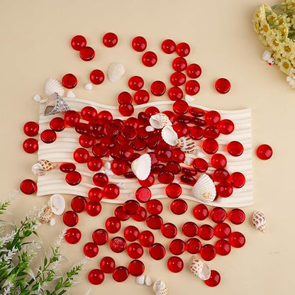 1LB Red Glass Marbles, Transparent and Smooth Flat Glass Beads for Vases, Mosaic Gem Pebbles for Aquarium Decor, Floral Arrangements, Mancala Stones, Vase Filler and Crafts (Approx. 80-100 PCS)