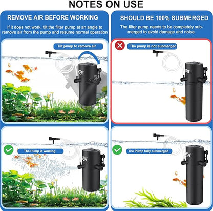 Aquarium Filter for 40-120 Gallon Tank, Fish Tank Filter with Wave-Maker Oxygenation Circulation, Adjustable Air Flow Filter for Freshwater & Saltwater, 4 in 1 Submersible Filter (12W)