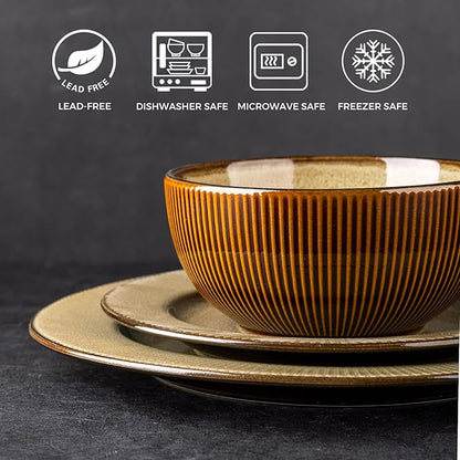 GBHOME Ceramic Dinnerware Sets,12 pcs Embossed Elegant Stoneware Plates and Bowls Sets, Housewarming Wedding Gift | Dishwasher & Microwave Safe | Dishes Set Service for 4
