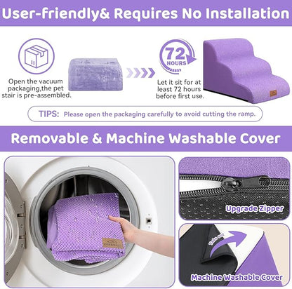 Dog Ramp and Stair for Bed 16" H-20 H,3-Step Cat Stair for Sofa and Chair,4-Step Dog Ramp for High Bed and Window,Durable Nonslip Fabric Stair for Indoor (Purple-16 H, Pet Friendly, 3)
