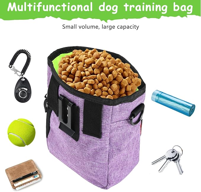 Dog Treat Pouches for Pet Training with Magnetic Closure Treat Pouches for Pet Training,Large Dog Treat Training Pouch and Dog Clicker,Training Treat Pouch Built-In Poop Bag Dispenser-Purple.