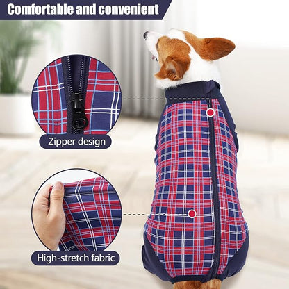 Dog Recovery Suit, Abdominal Wound After Surgery Wear, Anti Licking Bodysuit with Zipper, E-Collar & Cone Alternatives, Plaid Dog Spay Surgical Onesie Prevent Shedding(Small, Red)