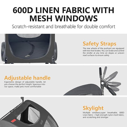 Extra Large Dog Stroller for Medium & Large Pets - Foldable Design, Adjustable Handle, Up to 130 lbs(Black)