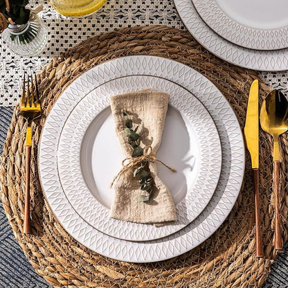 GBHOME Ceramic Dinnerware Sets,18 pcs Embossed Elegant Stoneware Plates and Bowls Sets, Housewarming Wedding Gift | Dishwasher & Microwave Safe | Dishes Set Service for 6