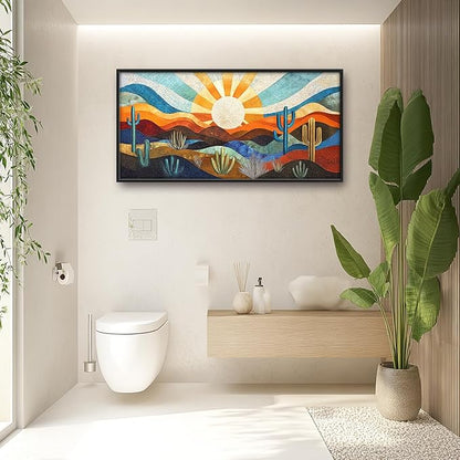 Extra Large Framed Abstract Boho Desert Wall Art, Sun Cactus Landscape Wall Decor Pictures for Living Room,Cacti Canvas Print Painting Modern Artwork Bedroom Office Bathroom Home Decor 60L x 30W