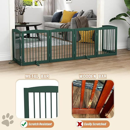 Freestanding Pet Gate for Dogs, Foldable Wooden Dog Gate for House, Extra Wide Indoor Pet Barrier for Stair, Doorway, Hall, Support Feet Included, 120 Inch Wide, 6 Panels 24",Green