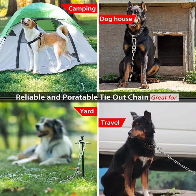 15 ft Dog Chains for Outside - Heavy Duty Tie Out Chain Leash Great for Small to Large Dogs Up to 200Lbs - Chew Proof Long Chain for Yard Camping or Travel (15ft Without Spring)