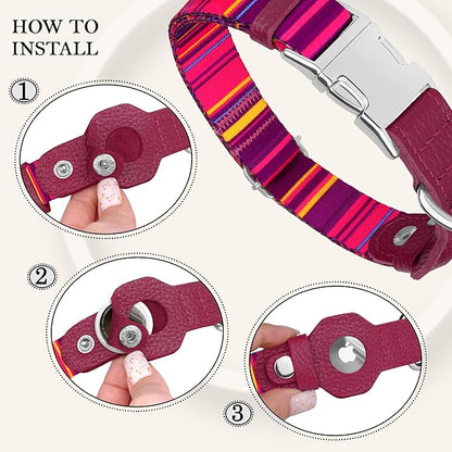 AirTag Dog Collar for Small Medium Large Breed - Adjustable Cute Pattern Dog Collar with Airtag Holder - Soft Leather Tracker GPS Apple Air Tag Pet Collars (Large, 17"-21" Neck Fit, Striped)