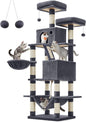 Feandrea Cat Tree, 66.1-Inch Large Cat Tower with 13 Scratching Posts, 2 Perches, 2 Caves, Basket, Hammock, Pompoms, Multi-Level Plush Cat Condo for Indoor Cats, Smoky Gray UPCT165G01