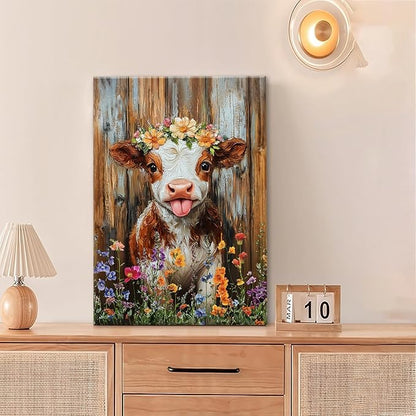 Funny Cow Bathroom Pictures Wall Art, Rustic Brown Cute Cow Bathroom Wall Decor, Farmhouse Floral Framed Painting Animal Flower Canvas Artwork for Bedroom Living Room Decorations 24"L x 16"W