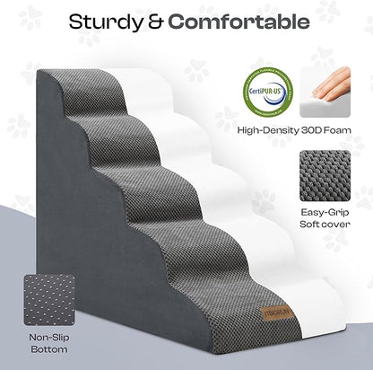 Dog Stairs for High Beds Up to 30", Extra-Tall 24.5" 5-Step Foam Pet Ramp with Washable Cover, Gentle Slope Steps, Bed & Couch Ladder for Small Medium Dogs & Senior Cat, Puppy Climbing Stairs