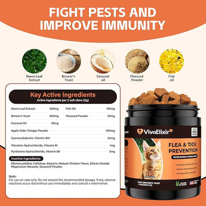 Flea & Tick Treatment for Cats – Natural Flea, Tick & Mosquito Prevention with Brewer’s Yeast, Coconut Oil – Skin & Coat Health, Immune Support – Vet Formulated 200 Chews
