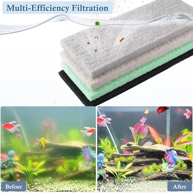 4 Pack Mixed Filter Pads 12.6" x 5" for Aquarium, Cut-to-Fit Fish Tank Filter Media with Ammonia&Carbon&Phosphate Reducer, Aquarium Filter Sponge, Compatible with Most Filters