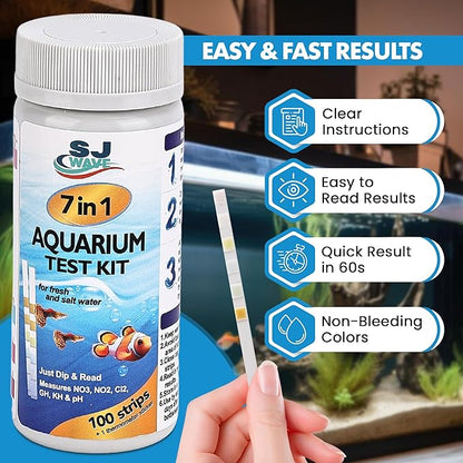 7 in 1 - Aquarium Test Strips | 100 Fast & Accurate Strips | Fish Tank Aquariums Water Test Kit & ebook | Aquarium Thermometer | Fish Tank Water Testing Kit for Fresh & Saltwater | Versatile Usage