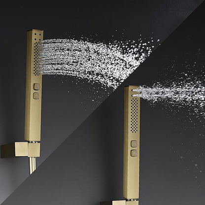 10" Square Rainfall Bathtub and Shower Trim Systems with Rotating Handheld Sprayer, Foldable Tub Spout, Wall-Mounted, Solid Brass Valve with Shampoo Platform- Brushed Gold (Square, Brushed Gold)