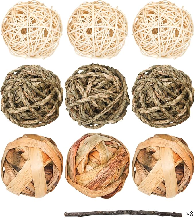 9 Pcs Small Animals Play Balls Rolling Activity Chew Toys Gnawing Treats for Rabbits Guinea Pigs Chinchilla Bunny Natural Balls, Pet Cage Entertainment Accessories (9 Pcs)