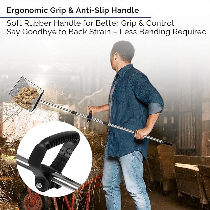 15" Extra-Wide Chicken Poop Scooper – Ergonomic Adjustable Handle (24-70in), Stainless Steel Sifting Shovel Deep Litter Cleaning for Chicken Coops, Goat - Chicken Coop Scoop for Sand, Straw, Hemp