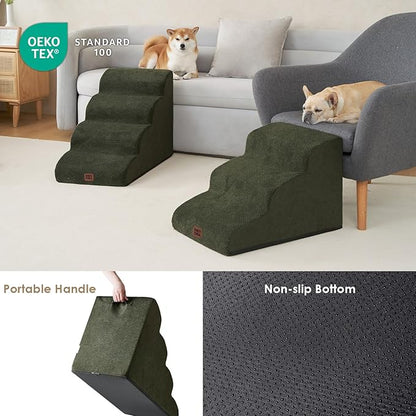 EHEYCIGA Curved Dog Stairs Ramp for Small Dogs 15.7" H, 3-Step Dog Steps for Couch Sofa and Chair, Pet Stairs for Cats, Non-Slip Balanced Pet Steps Indoor, Olive Green
