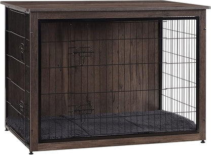 DWANTON Dog Crate Furniture with Cushion, Wooden Kennel Table with Double Doors, Indoor Dog House, Extra Large Size, 43.3" L, Dark Gray
