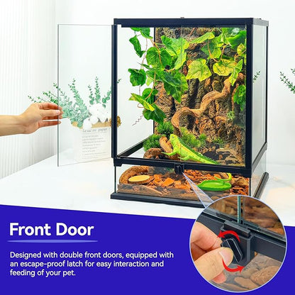 360° Clear View 35 Gallon 24x18x18 Glass Reptile Terrarium Suitable for Bearded Dragon, Chameleon, Crested Gecko, Multi-Pet Enclosure with Front Door, Excellent Ventilation, Hidden Wiring Holes