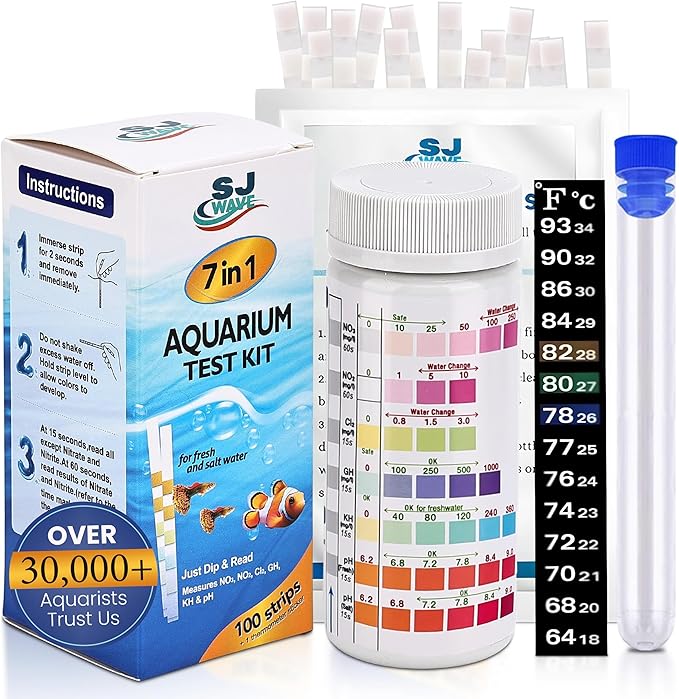7 in 1 - Aquarium Test Strips | 100 Fast & Accurate Strips | Fish Tank Aquariums Water Test Kit & ebook | Aquarium Thermometer | Fish Tank Water Testing Kit for Fresh & Saltwater | Versatile Usage