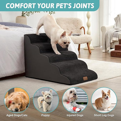 Extra Wide Dog Stairs 19.7" Width, Large Pet Step for Small Medium Dog, Puppy or Cat, Ramp for High Bed or Car, High Density Foam Ladder, Stable, 5 Step, 19.7x33x22.4 inch, Black