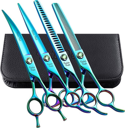 Fenice Peak Green Dog Grooming Scissors Set Straight Thinning Curved and Chunker Shears 4PCS Kit with Simulated Emerald Screw 440C Trimming Shears Durable and Sharp