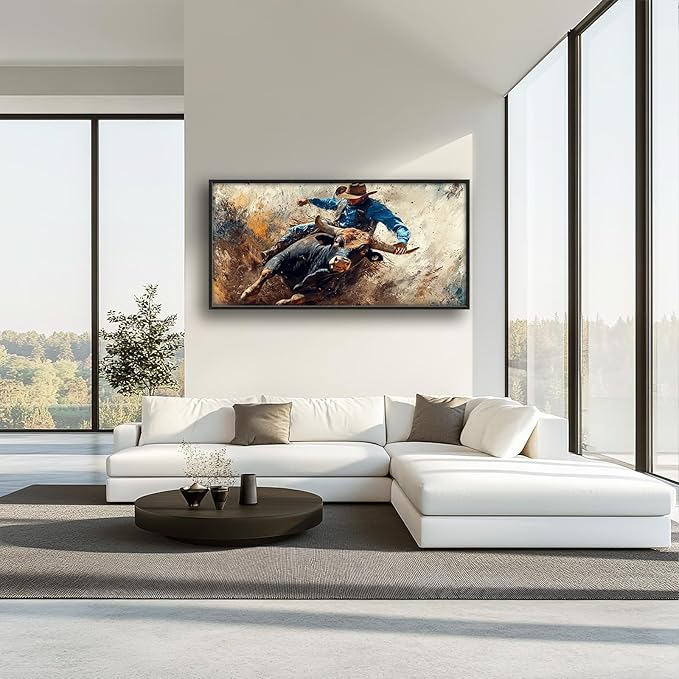 Framed Large Western Cowboy Wall Art, Oversized Rustic Cow Wall Decor for Living Room, Dusty Canvas Painting Pictures Vintage Artwork Home Decoration for Living Room Bedroom Office 60"x30"