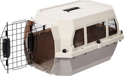 Amazon Basics Hard-Sided Dog and Cat Kennel Single-Door Travel Pet Carrier with Metal Wire Ventilation, 23.6"L x 15.7"W x 13.0"H, Beige
