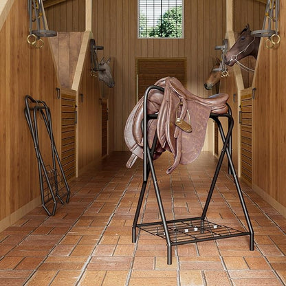 Dunatou Saddle Rack Freestanding Saddle Stand Foldable Horse Saddle Storage Rack Full Size Saddle Pad Rack Horse Blanket Holder Heavy Duty Saddle Holder for English and Western Horse Saddles, Black
