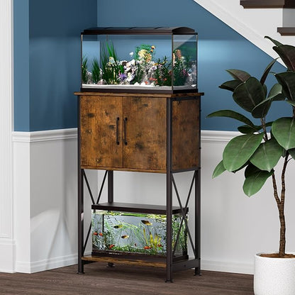 5-10 Gallon Fish Tank Stand, Metal Double Aquarium Stand with Cabinet for Fish Tank Accessories Storage, Heavy Duty 20.5" L* 11.02" W Tabletop, 500LBS Capacity Rustic Brown and Black PG06YGN