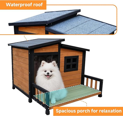 GARWOOD Large Outdoor Indoor Wooden Dog House for Small Large Dog Kennel Wood Sturdy Pet Puppy Warm Home with Durable Weatherproof Asphalt Roof Insulated Elevated Floor Outside Shelter Brown 39x37x30“