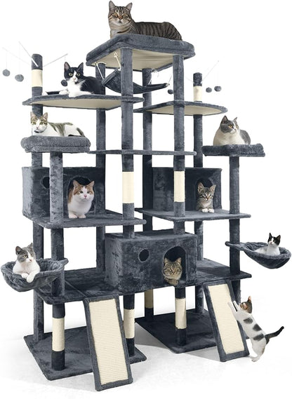 Extra Large 80-Inch Tall Cat Tree w/Widened Perch for Large Cats, Big Cat Tower Indoor, Modern Multi-Level Activity Tower with Scratching Posts, Condos, Baskets, Hammock, Scratching Ramps