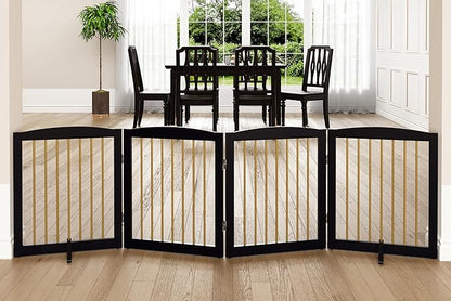 Freestanding Pet Gate for Dogs, Foldable Wooden Dog Gate for House, Indoor Dog Gate for Stairs, Doorways, Step Over Pet Puppy Safety Fence, 80 Inch Wide, 4 Panels 24", Black & Gold