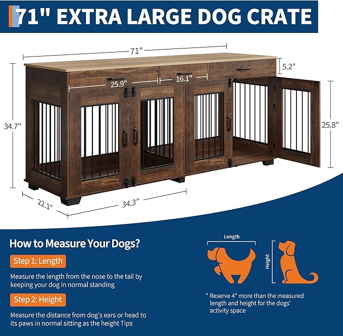 71 Inch Dog Crate Furniture for 2 Rooms, Wooden Double Crate Large Breed with Door, Dog Kennel Indoor, TV Stand End Table with Divider for Large Medium Dogs,Brown