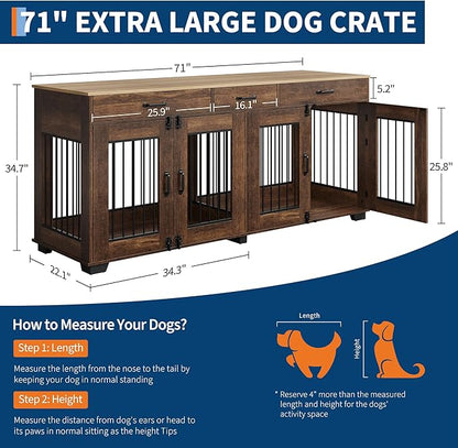 71 Inch Dog Crate Furniture for 2 Rooms, Wooden Double Crate Large Breed with Door, Dog Kennel Indoor, TV Stand End Table with Divider for Large Medium Dogs,Brown